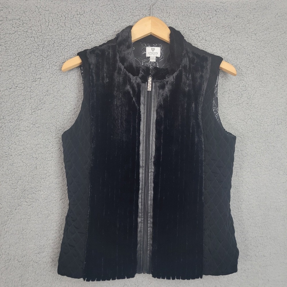 Chico's Black Faux Fur/β Quilted Lined Vest Embellished Zipper Chico's Size 1